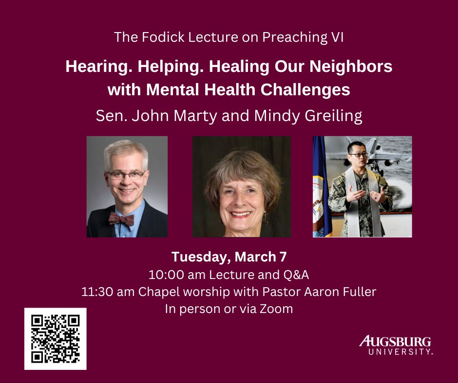 AugsburgCampsMn's tweet image. Mindy Greiling and Sen. John Marty will share their personal and legislative experience in addressing mental health concerns. Following the lecture, Pastor Aaron Fuller will preach during a 20 minute worship service. Information &amp;amp; registration: augsburg.edu/campusministry…  @AugsburgU