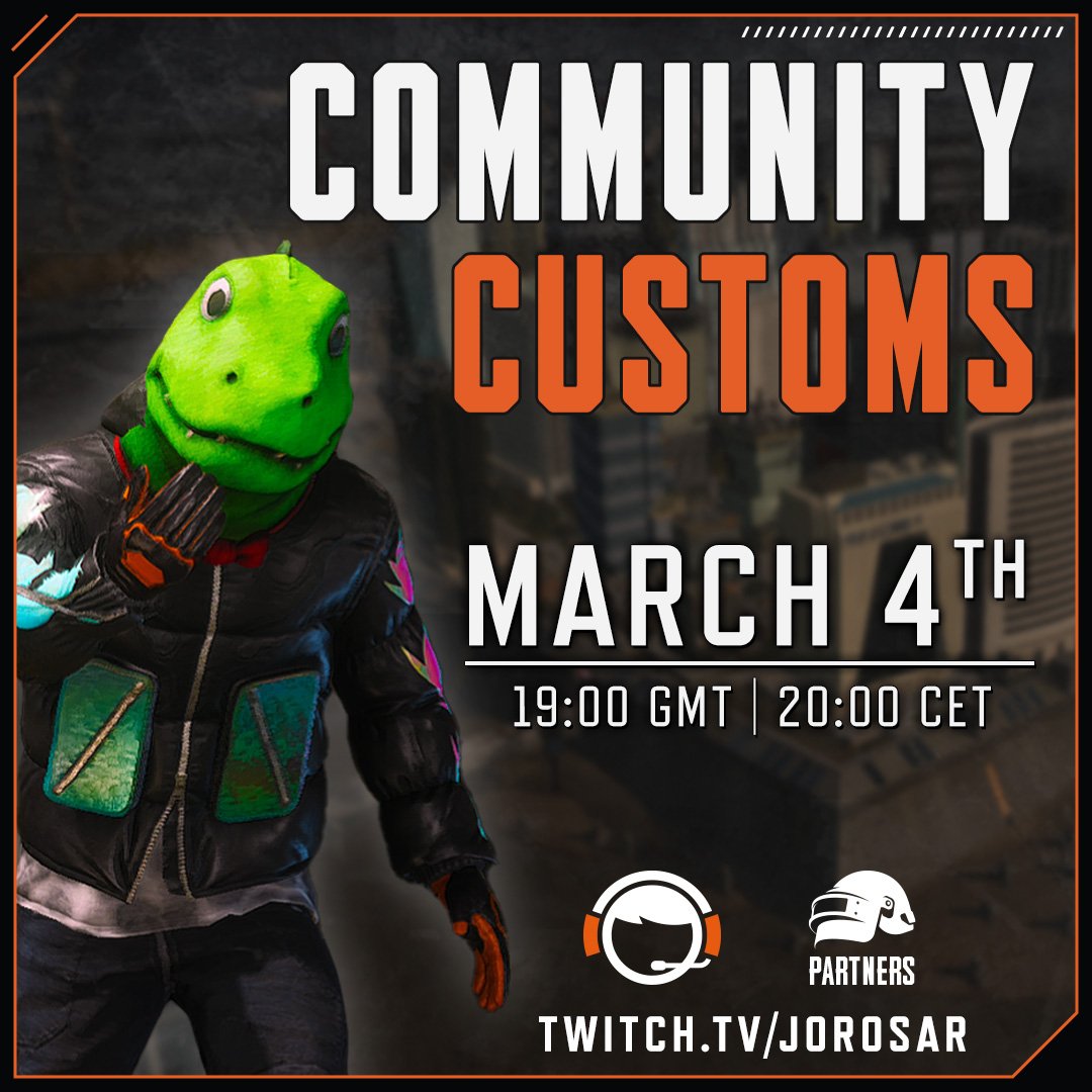 Our March PUBG custom games night is Saturday 04/Mar at 19.00 GMT / 20.00 CET, with in-game prizes to be won!

Come enjoy some great game modes and with the possibility of winning prizes too :D 

#PUBG #CustomGames