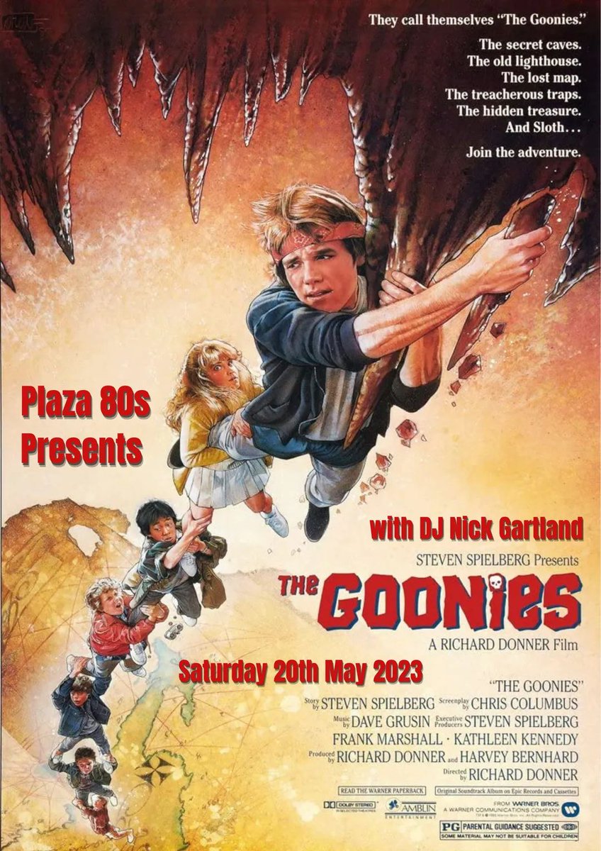 PlazaCinema's tweet image. We are excited to announce the next Plaza 80s!

The 1985 classic &apos;The Goonies&apos;. This will be shown on Saturday 20th May.

Show will start at 7pm with Nick Gartland playing 1980s tunes!

First batch of tickets will be on sale at Box Office this Wed (1st Mar) at 5pm - £7 Cash Only.