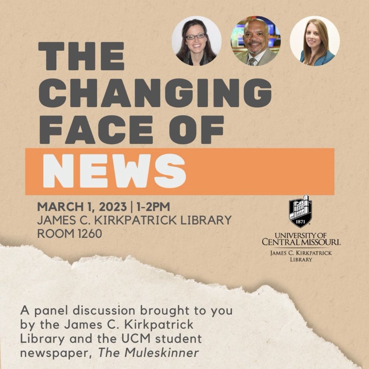 MuleskinnerUCM's tweet photo. James C. Kirkpatrick Library and the Muleskinner will present a hybrid panel discussion on “The Changing Face of News,” 1 to 2 p.m. Wednesday, March 1, at the library’s active learning room, 1260. 

#StudentPressFreedom #Muleskinner #UCM https://t.co/XLMKKFRCSu