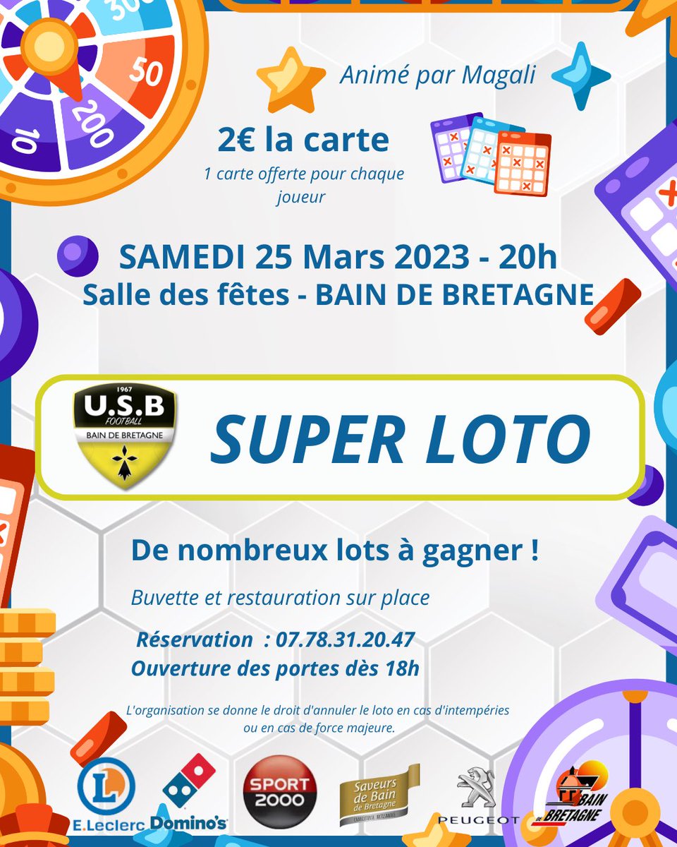 [EVENEMENT] Loto 👊

📅 Samedi 25 Mars 2023 - Salle des Fêtes - Bain de Bretagne 

À cette date à lieu le SUPER LOTO du club de l’US Bain de Bretagne Football animé par Magali ! 😁

Nous vous attendons nombreux pour ce SUPER LOTO ! 😁

Allez l’USB 🟡⚫️💪