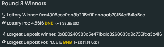 TFM Lotto 4.5616 BNB paid to each of the winners.
Random lotto winner with a  0.1BNB Deposited 2h26m ago! 💪
Highest deposit of the day 18BNB deposit 🔥
The first-ever 0% tax miner keeps on a record-breaking rampage 💎
tfm.thefortunehunters.pro
The winner CAN BE YOU!