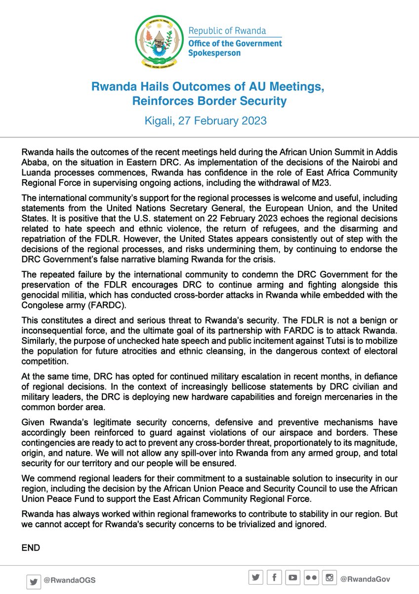 YolandeMakolo's tweet image. Rwanda has always worked within regional frameworks to contribute to stability in our region. But we cannot accept for Rwanda's security concerns to be trivialized and ignored.
Link to statement: bit.ly/3y3gcqx