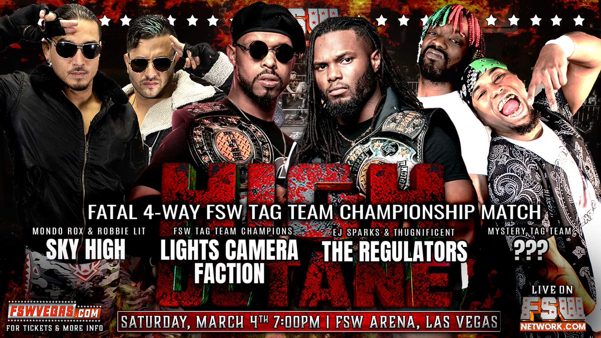 FSWVegas's tweet image. This Saturday on the @fswnet!

#LightsCameraFaction make thier first defense of the FSW Tag Team Titles in a Fatal Four Way against Sky High, The Regulators and a Mystery Team!

Tickets: FSWvegas.com