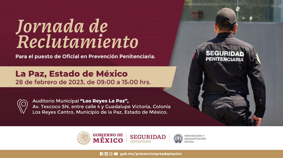 PyRS_Mexico's tweet photo. La @SSPCMexico te invita a conocer las convocatorias laborales vigentes del #OADPRS:
👮♂️ Oficial en Prevención Penitenciaria
👩⚕️ Médico Penitenciario
Para más información, comunícate con nosotros al ☎ 800 4000 377 o escríbenos al 📧 nuevoingreso.oadprs@oadprs.gob.mx https://t.co/8vNvF37MPN