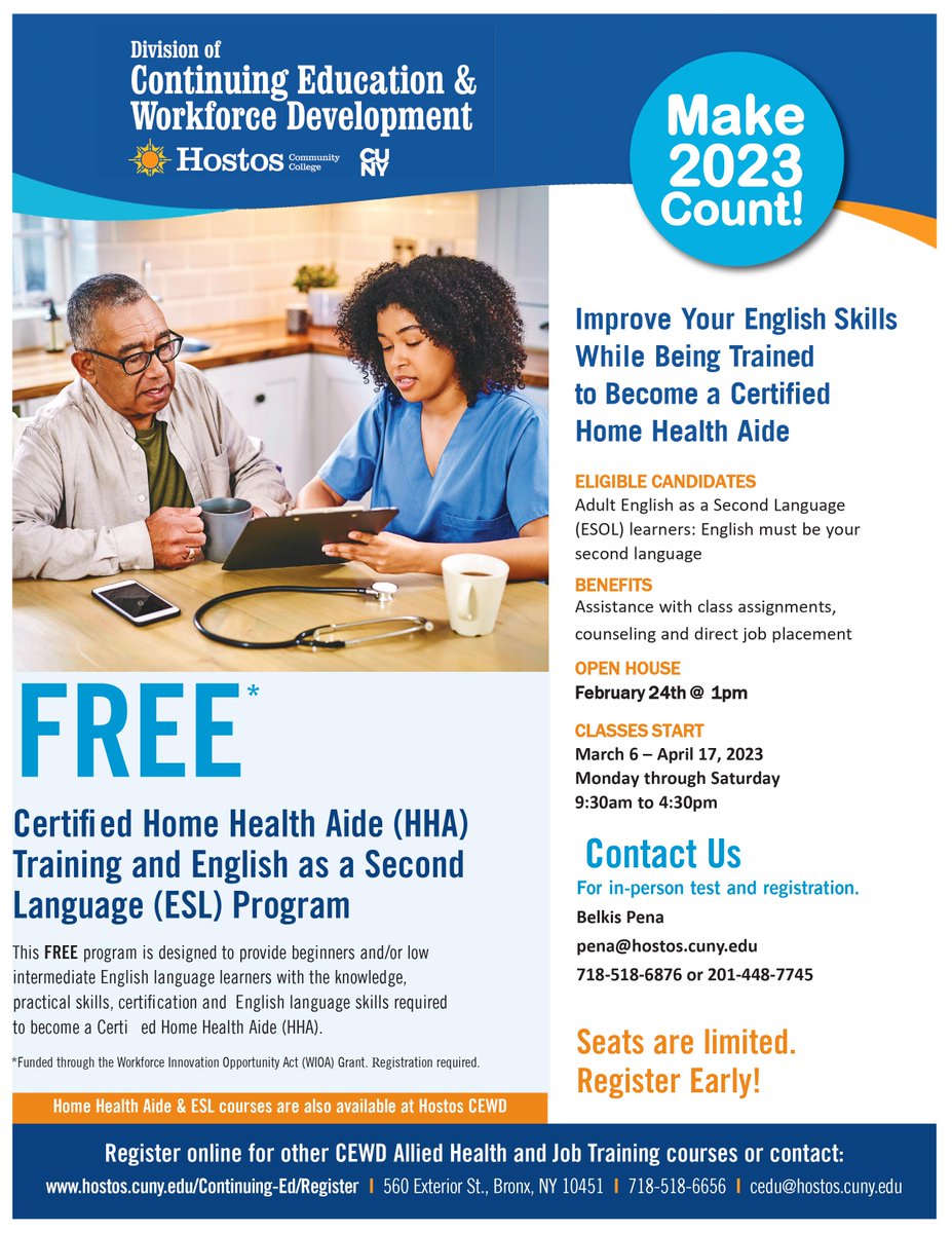 Interested in improving your English skills and becoming a certified Home Health Aide? 

Contact us for more information on how you can join our upcoming ESOL and HHA training starting on March 6th.

Seats are limited so contact us soon!