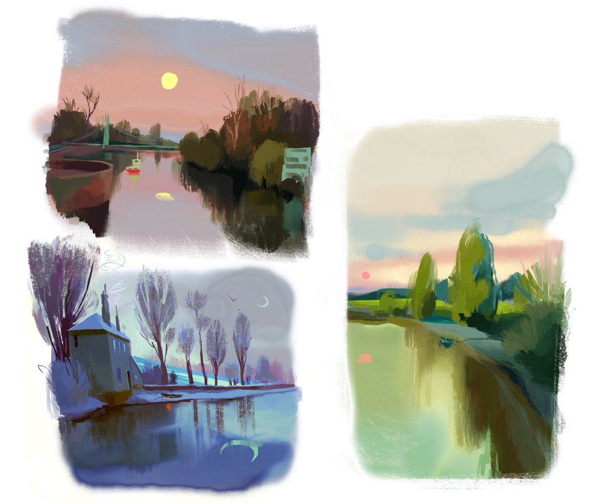 Sketches of the river Dee, Chester. Love how the moon looks floating above the water. Might use 1 or 2 of these as comps for a traditional piece. #sketch #painting #sketchbook