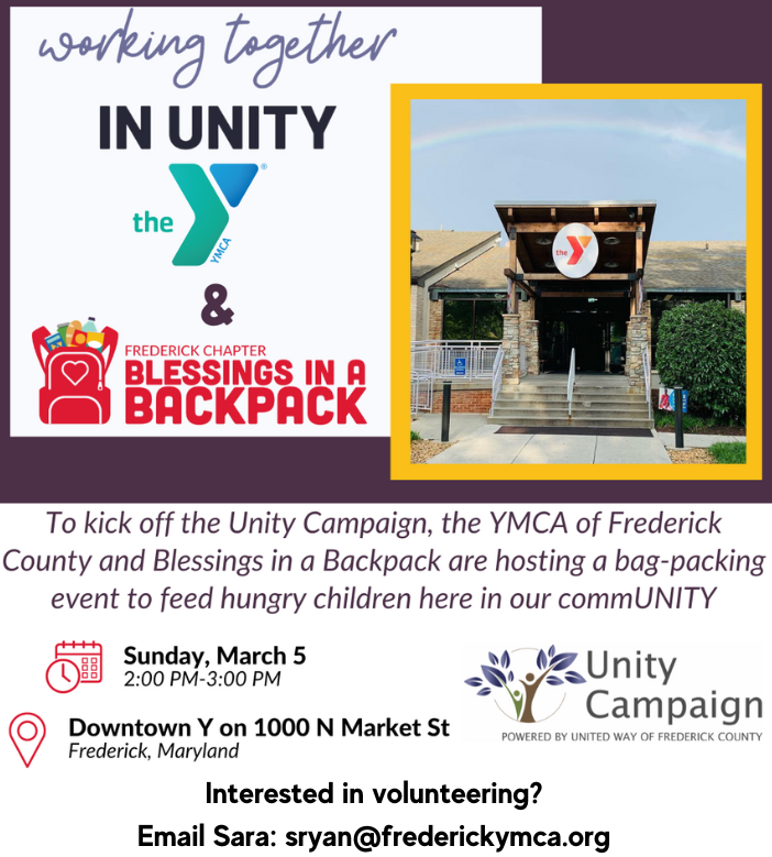 We are partnering with <a href="/BlessingsinaBa2/">Blessings in a Backpack Frederick Chapter</a> as part of the Unity Campaign for Frederick to benefit the children of Frederick. Join us in a collaborative community packing event to feed the children of our community, hosted at the Downtown Y on March 5th.

#YMCA #Community #Volunteer