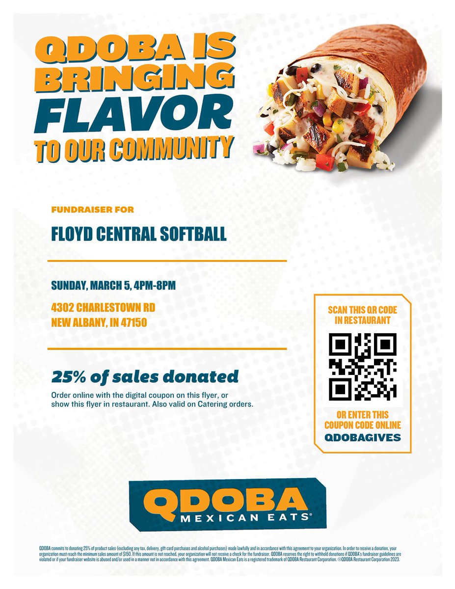 This Sunday, plan on having Qdoba for dinner! All you have to do is scan the QR code or use coupon code "QDOBAGIVES" for an online order and place your order at the Charlestown Rd location from 4p-8p and we will receive 25% of the sales!