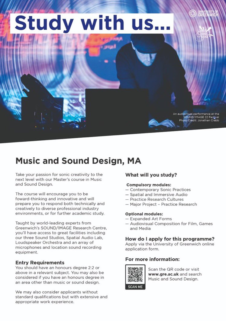 Sound_Image_Res's tweet image. Did you know that we are offering a new MA in Music and Sound Design at the @UniofGreenwich starting September 2023? 🔊🎶

To unlock your creative potential and find out more information visit ➡️ gre.ac.uk/postgraduate-c…

#music #sounddesign #MAprogramme