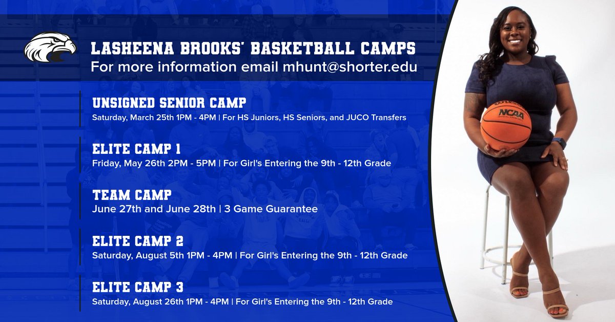 Shorter_WBB's tweet photo. We are 1 month away from our first camp!!! 
Our unsigned senior camp is open to Juniors, Seniors, and JUCO transfers. 

To register for any of our camps, follow this link: 
https://t.co/GLZhtY9J99 https://t.co/AC48q1OxVz