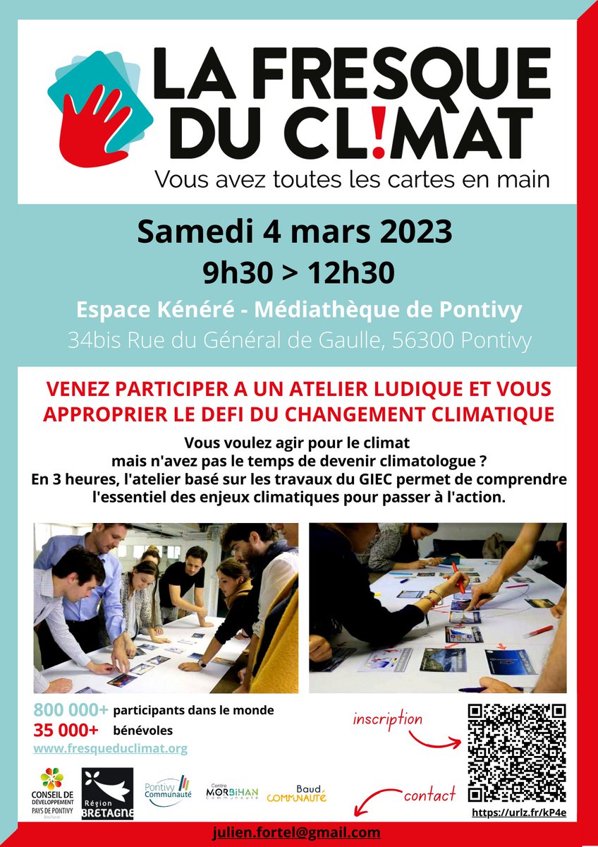 Envie de comprendre l'essentiel des enjeux du changement climatique pour passer à l'action ? 

Venez participer à l'atelier Fresque du Climat à l'Espace Kenere de Pontivy le samedi 4 mars prochain de 9h30 à 12h30.

#changementclimatique #atelierludique #fresqueduclimat #écologie