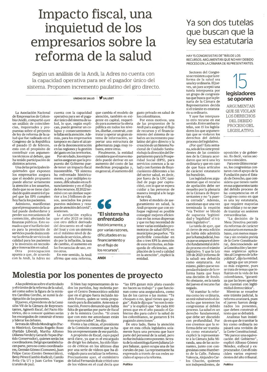 ANDI_Colombia's tweet image. #EnLosMedios📣
Impacto fiscal, una inquietud de los empresarios sobre la reforma de salud.
Vía: @ELTIEMPO.
#MásPaísANDI