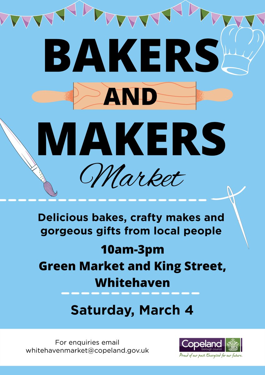 Bakers and makers! It's not too late to book a place at our market this Saturday.

Our regular Bakers and Makers' Market takes places in King Street and Green Market, Whitehaven, from 10am until 3pm.

To apply, get in touch at whitehavenmarket@copeland.gov.uk.