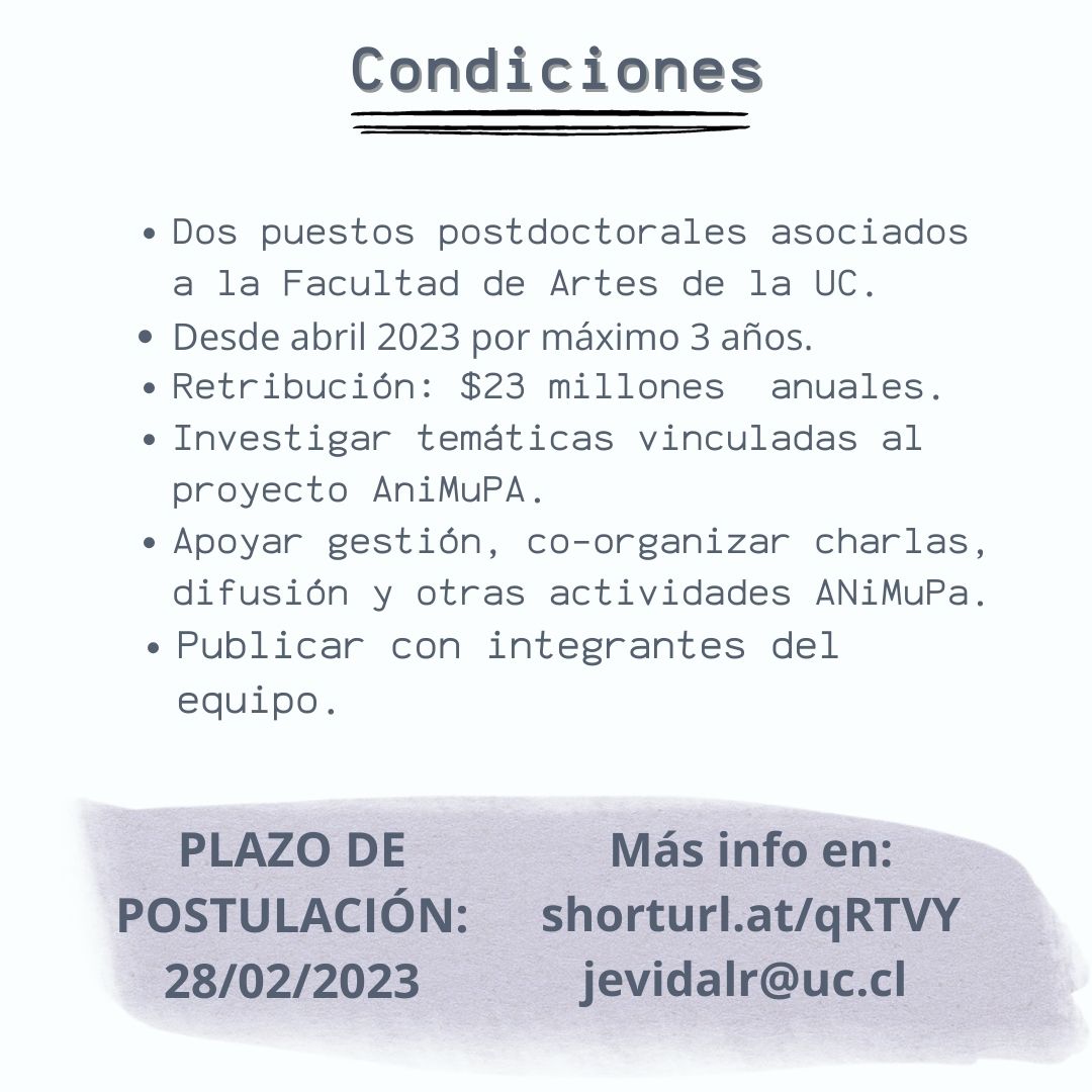 Hasta mañana pueden postular al concurso de #postdoctorado del proyecto Anillo AniMuPa. #musica #patrimonio 
El equipo: Rodrigo Cádiz (UC), José Manuel Izquierdo (UC), <a href="/DanielaFugellie/">Daniela Fugellie 🌳</a> (UAH), René Silva (UACH) y esta servidora (UPLA)
Toda la info aquí: artes.uc.cl/noticias/llama…