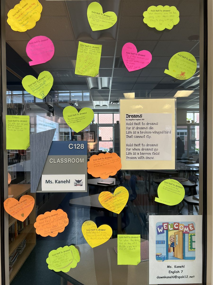 MsKanehlCFCMS's tweet photo. Ms. Kanehl’s 7th grade English class recently studied poetry and figurative language. They created their own found poetry and added a stanza to Hughes’ Dreams poem. @CfcmsHawks @JGibson718 #757hawks #buildingthebestsps https://t.co/tMMlIreVAx