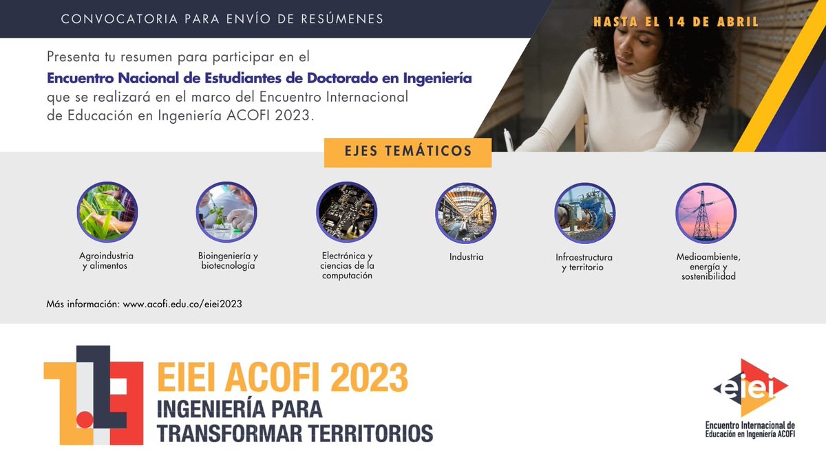 La formación doctoral hace parte de nuestro #EIEIACOFI2023. Escoge uno de los 6 ejes de nuestra convocatoria, no olvides que hasta el 14 de abril recibimos tu resumen.  Mayores informes en acofi.edu.co/eiei2023

#SomosAcofi
#SomosIngeniería