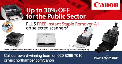 Get up to 30% Discount on Canon scanners for Public Sector orders – talk to our team about your latest opportunities.
For more information and for all our offers visit northamber.com/canon or call our team on 020 8296 7010.