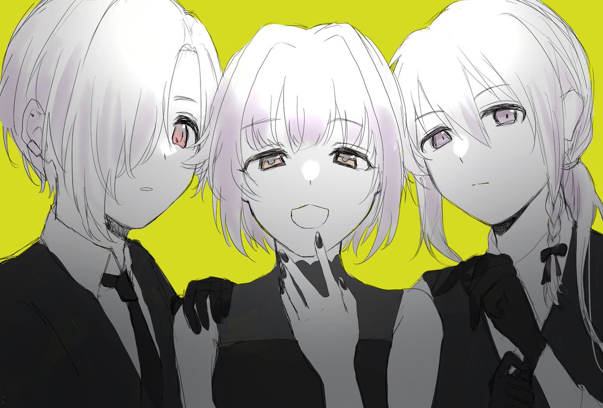 hoshi syoko ,koshimizu sachiko ,shirasaka koume multiple girls 3girls hair over one eye necktie gloves braid looking at viewer  illustration images