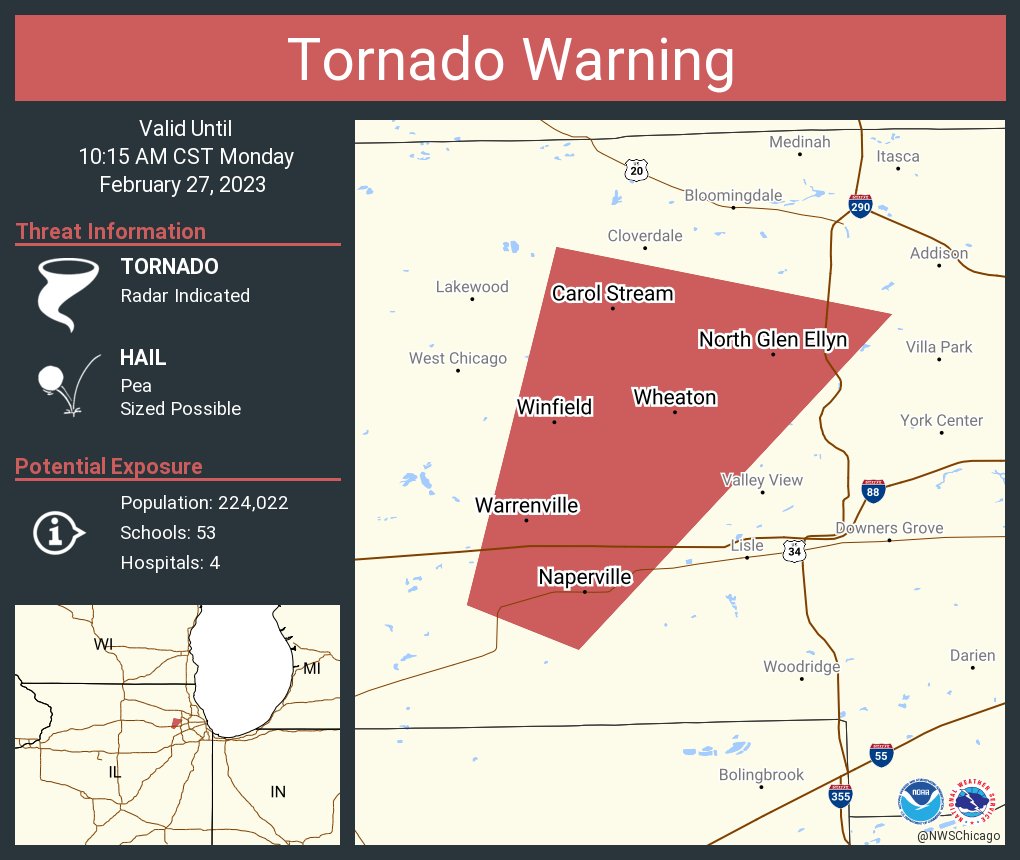 Tornado Warning including Naperville IL, Wheaton IL and  Carol Stream IL until 10:15 AM CST