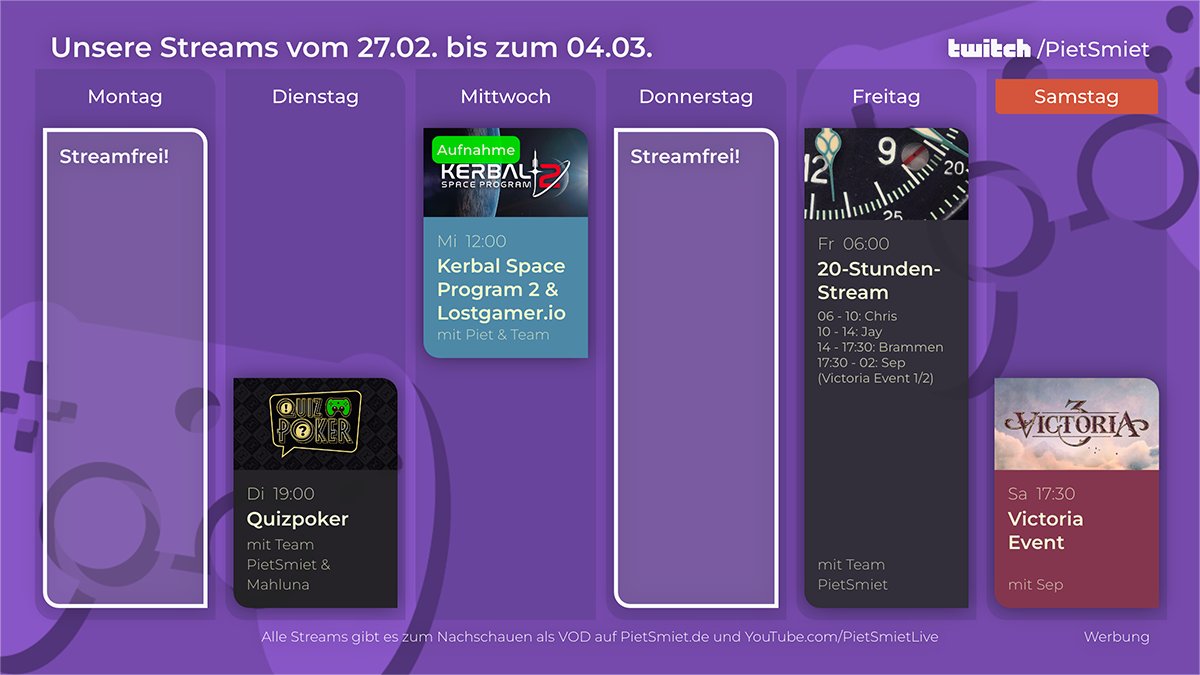 📋 #UploadPlan - 27.02.2023 - Montag

🕑 14 Uhr ➡️ EFT Schnitzeljagd

🕞 15.30 Uhr ➡️ React: Best of Woche 3 2023

🕕 18 Uhr ➡️ Worms

🕗 20 Uhr ➡️ Der Preis ist nice

➡️ pietsmiet.de/uploadplan