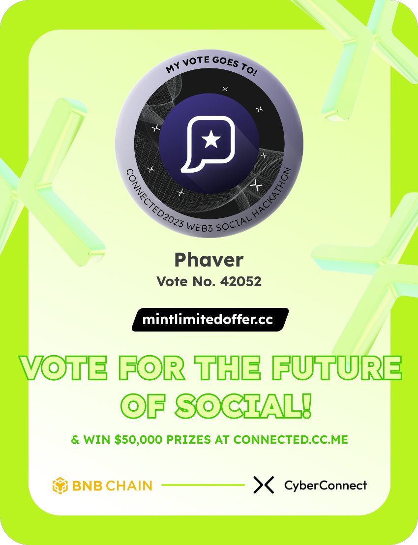 AlexStarui's tweet photo. Just voted for my favorite project Phaver in #Connected2023, a Web3 Social hackathon by @CyberConnectHQ the social graph protocol &amp; @BNBCHAIN
Join me to vote for a better social and win $50,000-$100,000 prizes!
https://t.co/wUkZFNP5gJ
sig:pU7eI5 
  https://t.co/kI3kg5q5Da https://t.co/sIGfrvYwnD