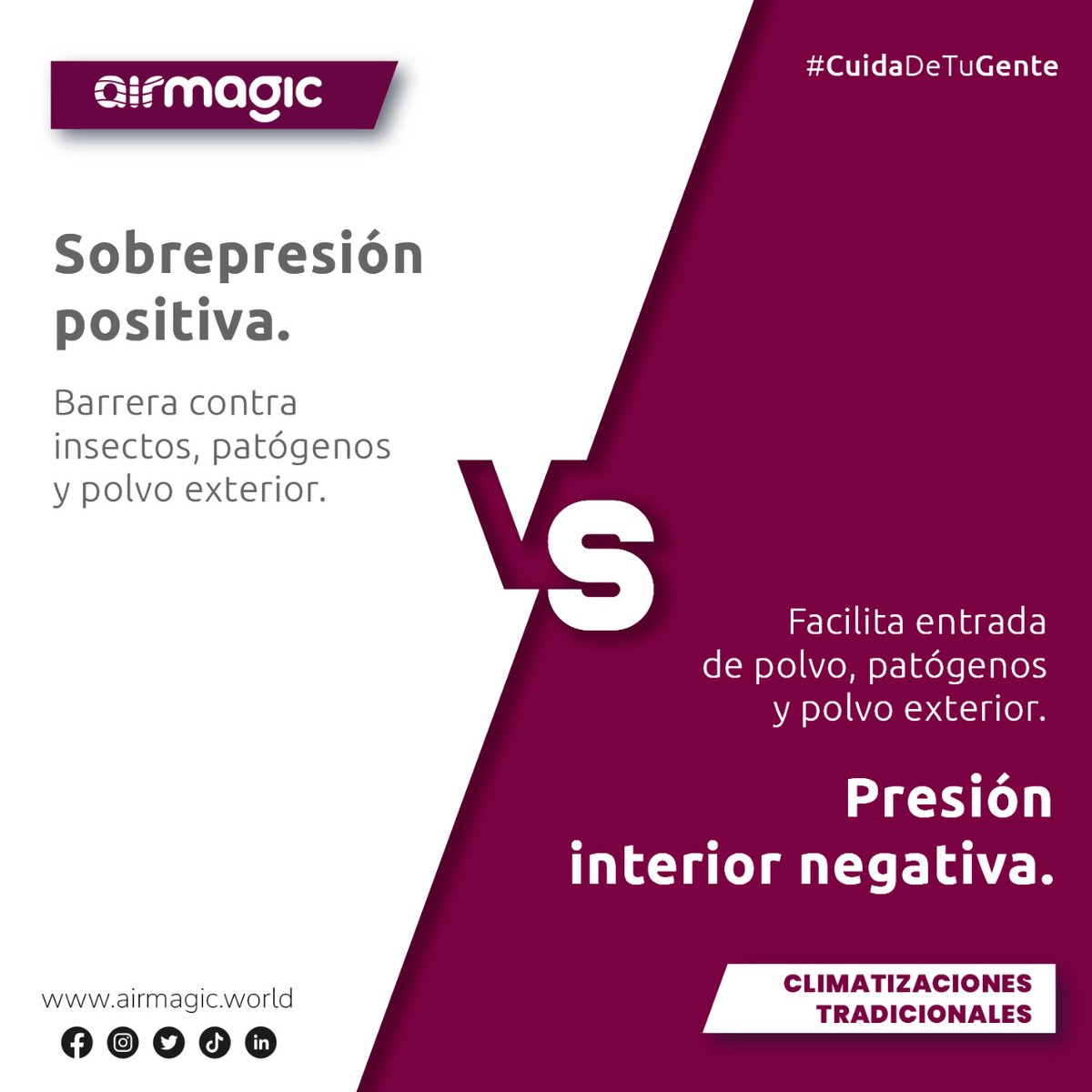 ✅ Con <a href="/Airmagic_world/">Airmagic</a>: SOBREPRESIÓN POSITIVA que actúa como barrera protectora impidiendo la entrada de insectos, polvo y patógenos.

❌ Con los sistemas tradicionales: PRESIÓN INTERIOR NEGATIVA que permite que campen a sus anchas.

Tu decides.
#SomosLíderes #CuidaDeTuGente
