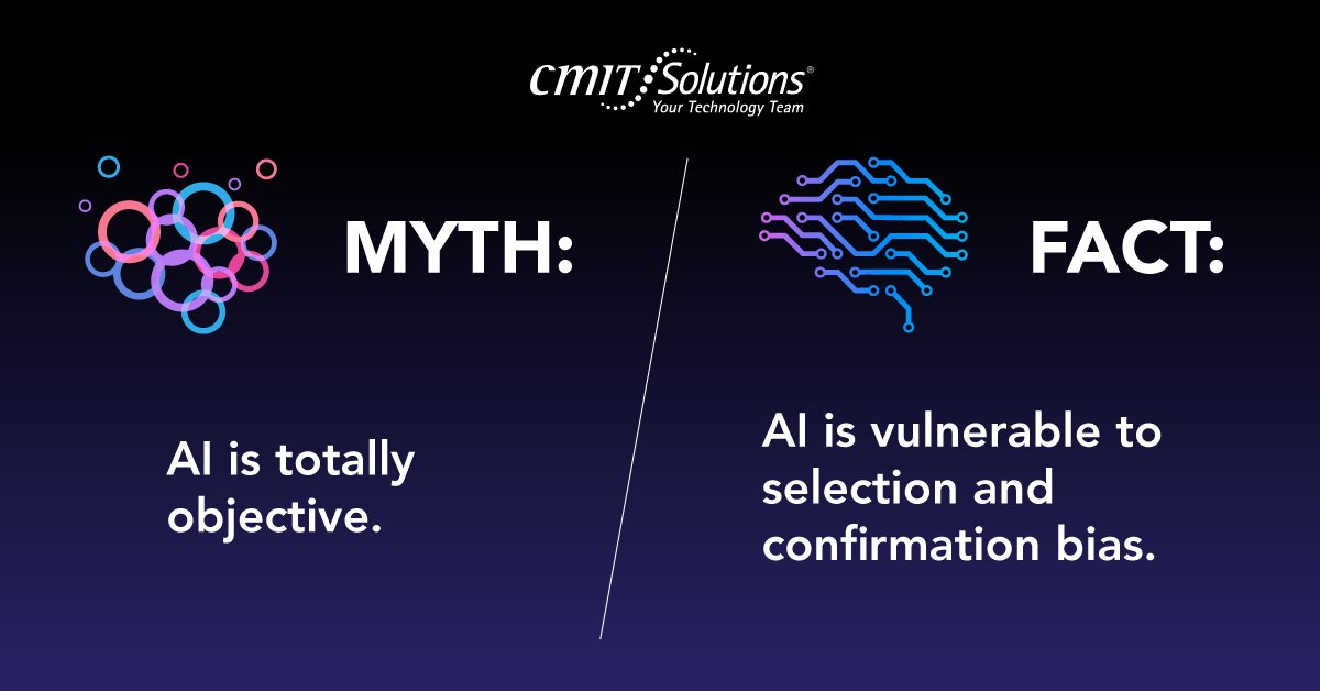 cmitsolutions's tweet photo. A tool built by humans can be subject to human biases, so it’s important to be cognizant of those biases. #AIMythVsFact https://t.co/o9XcisfTCC