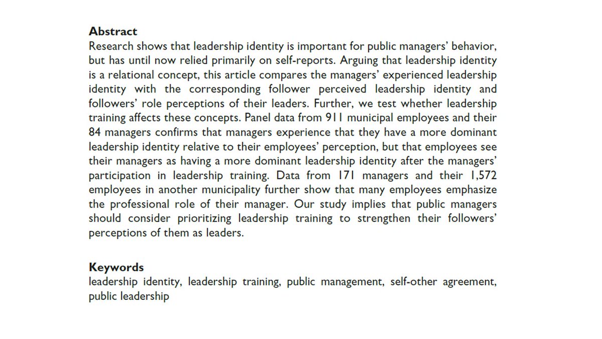 🚨New publication 🚨

Do managers and employees perceive the leadership identity of the manager alike? And does leadership training affect identity? No, they don’t.  And yes, it does, according to my <a href="/ReviewofPPA/">Review of Public Personnel Administration</a>  paper with <a href="/LBoghAndersen/">Lotte Bøgh Andersen</a> 
 a 🧵1/6
journals.sagepub.com/doi/10.1177/07…