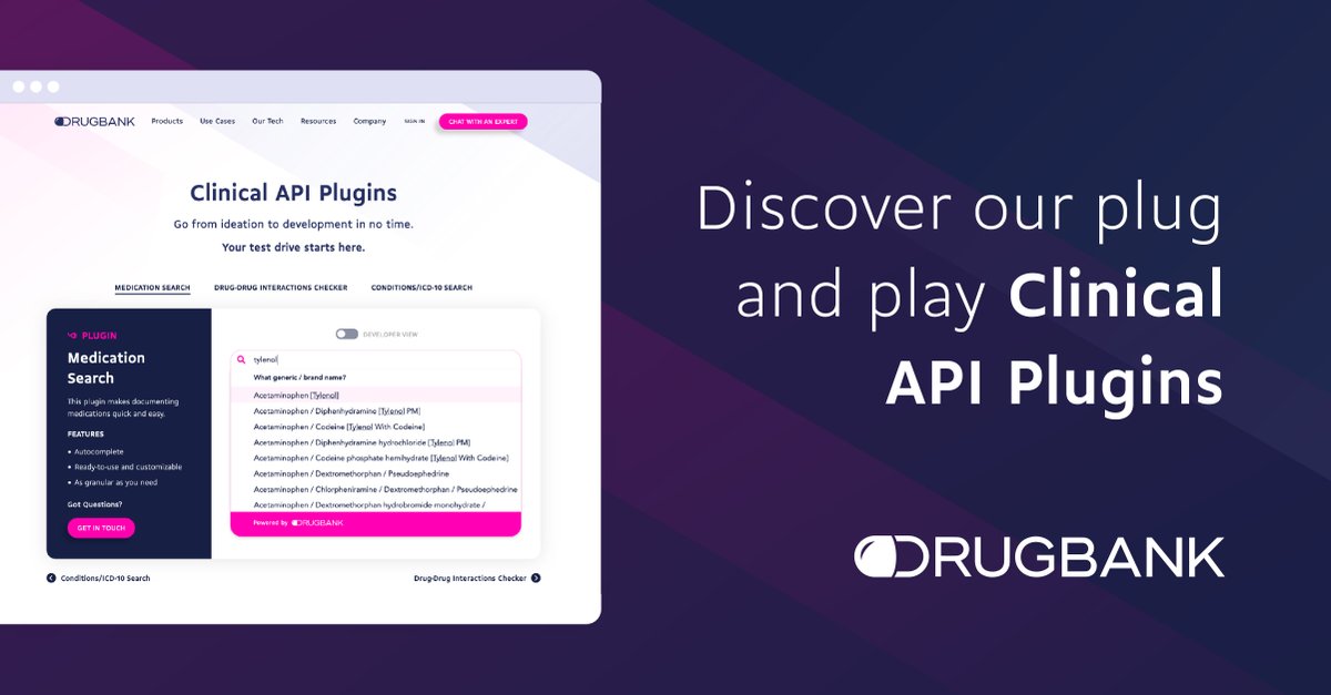 DrugBankDB's tweet photo. Unlock the full potential of your clinical workflows with our ready-to-use Medication Search, DDI Checker, Conditions Search, and ICD-10 Search clinical API plugins!
Check them out here: https://t.co/9TkgmEg5kV
#clinicalapi https://t.co/0vNTWwec0W