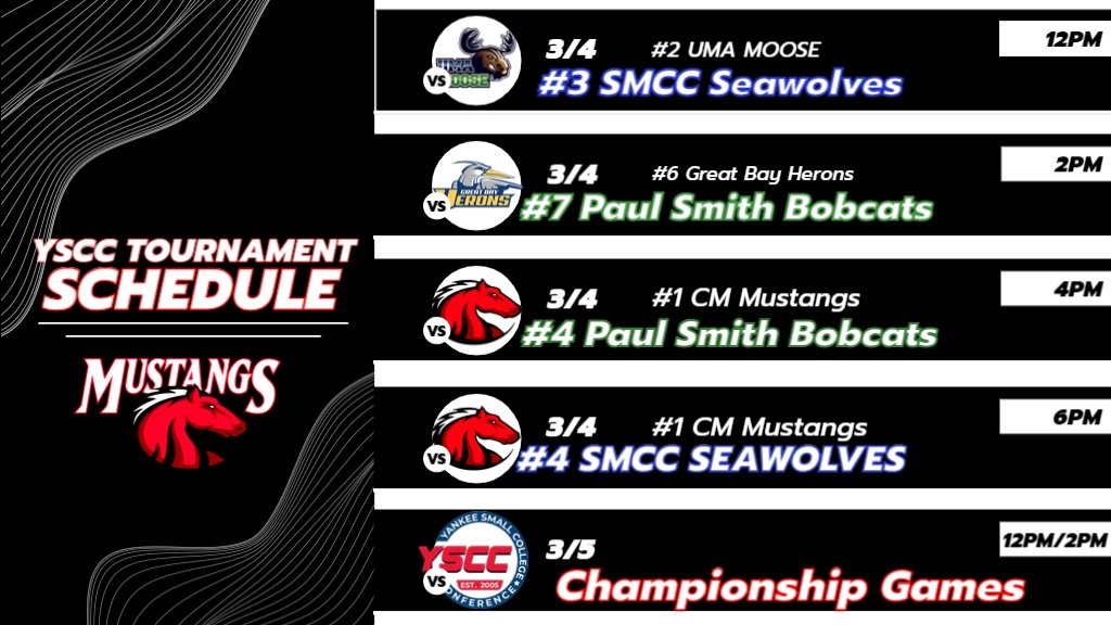YSCC Tournament Schedule for this weekend! 

Head on over to Kirk Hall this weekend as the men's and women's basketball teams will be competing in the Yankee Conference Final Four!

Go Mustangs! 🐴 🏀 

#cmmustangs #cmfamily #cmcc #college #basketball #yankeeconference