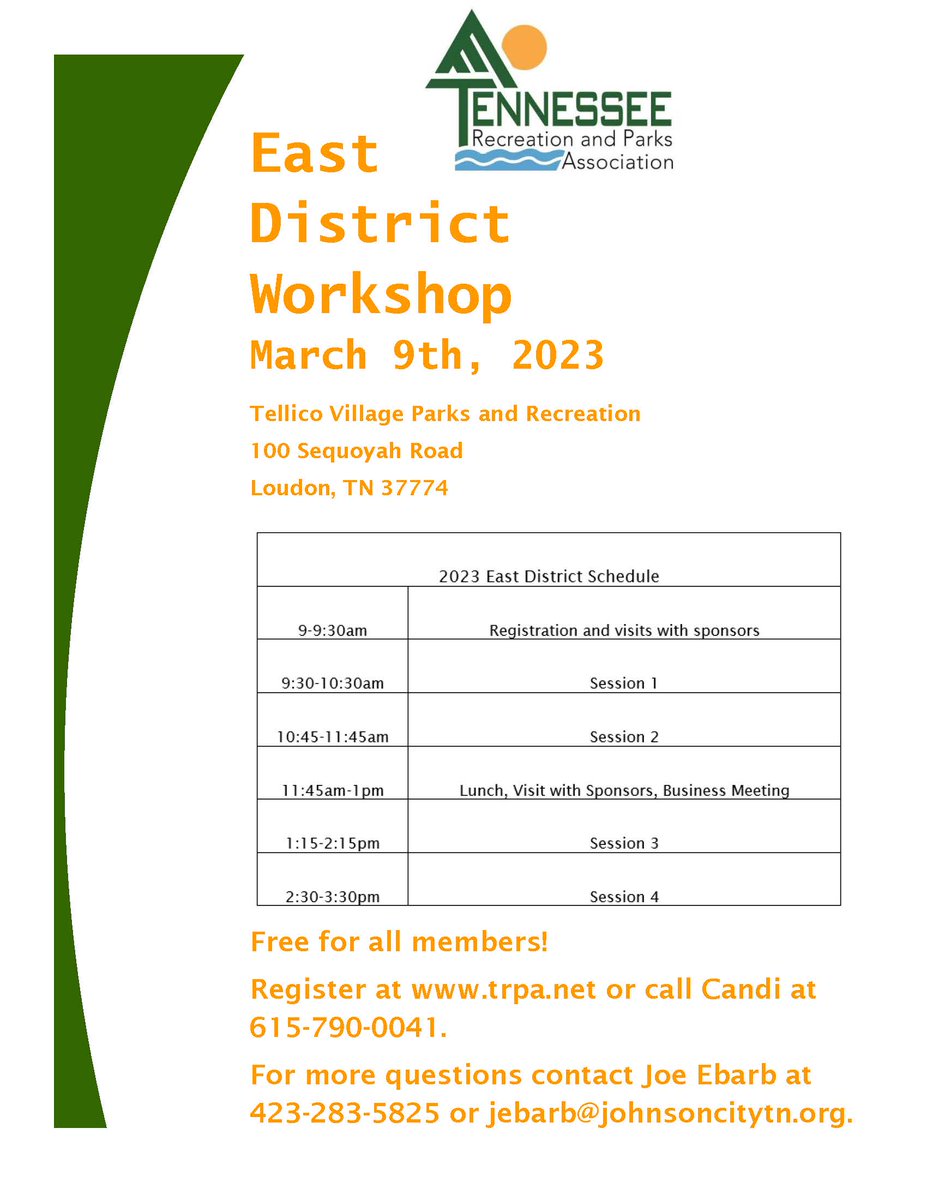 East District Workshop
3/9/23
Tellico Village, Loudon, TN
Register: trpa.net/ev_calendar_da…
Topics Planned Include mental health first aid, bike and hiking trails, turf equipment &amp; maintenance, starting a foundation and PicklePlex, dynamic programming, disc golf, and kayaking.