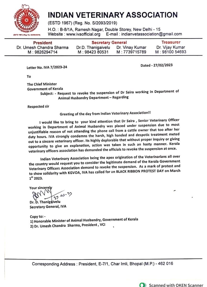 Suspension of Dr. Saira for not picking up calls on her personal mobile around 8 PM is irrational. Kindly 
revoke suspension of Dr. Saira R, Senior Veterinary Surgeon, Veterinary polyclinic, kazhakootam, Thiruvananthapuram.⁦<a href="/CMOKerala/">CMO Kerala</a>⁩
