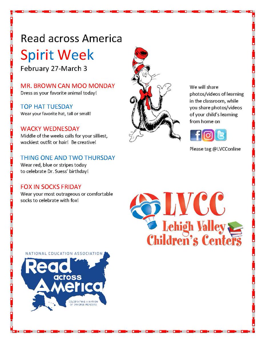 LVCC is celebrating Read Across America Week! Kicking off Spirit Week is "Mr. Brown Can Moo Monday." Children (and staff) will be dressing as their favorite animals! We'll share photos/videos of learning in the classroom throughout the week, so be sure to check back.