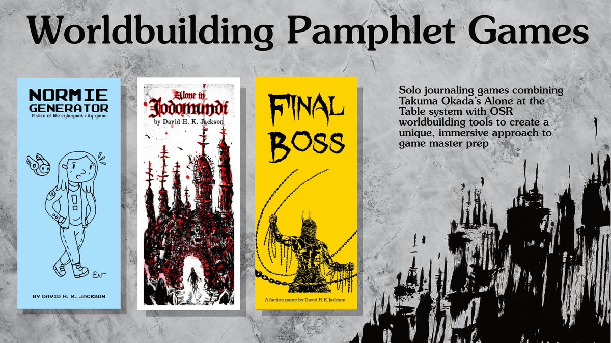 It's the last 48 hours to back my worldbuilding pamphlet games on kickstarter!
These three solo journaling games combine Takuma Okada's Alone at the Table system with OSR worldbuilding tools to create a unique and immersive approach to game master prep. 
Link below #ZiMo23