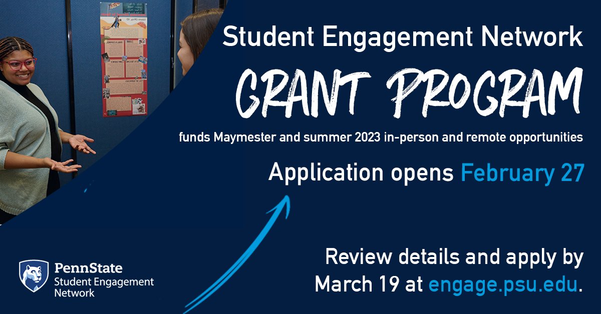 PSU_Undergrad's tweet photo. .@EngagePennState has opened the grant cycle for Mamyester and summer 2023! Students seeking support for engaged learning experiences are encouraged to apply. FInd more info and submit materials by March 19 at https://t.co/s2fm7zyhLr. #EngagePennState #PennState https://t.co/tVKU5eayue
