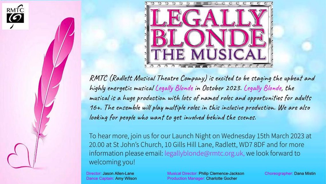 radlettmtc's tweet photo. Our Launch Night for Legally Blonde the Musical is less than 3 weeks away! There are roles for all ages, 16+!

For a Launch pack please email legallyblonde@rmtc.org.uk https://t.co/YQ7tyAkLlx