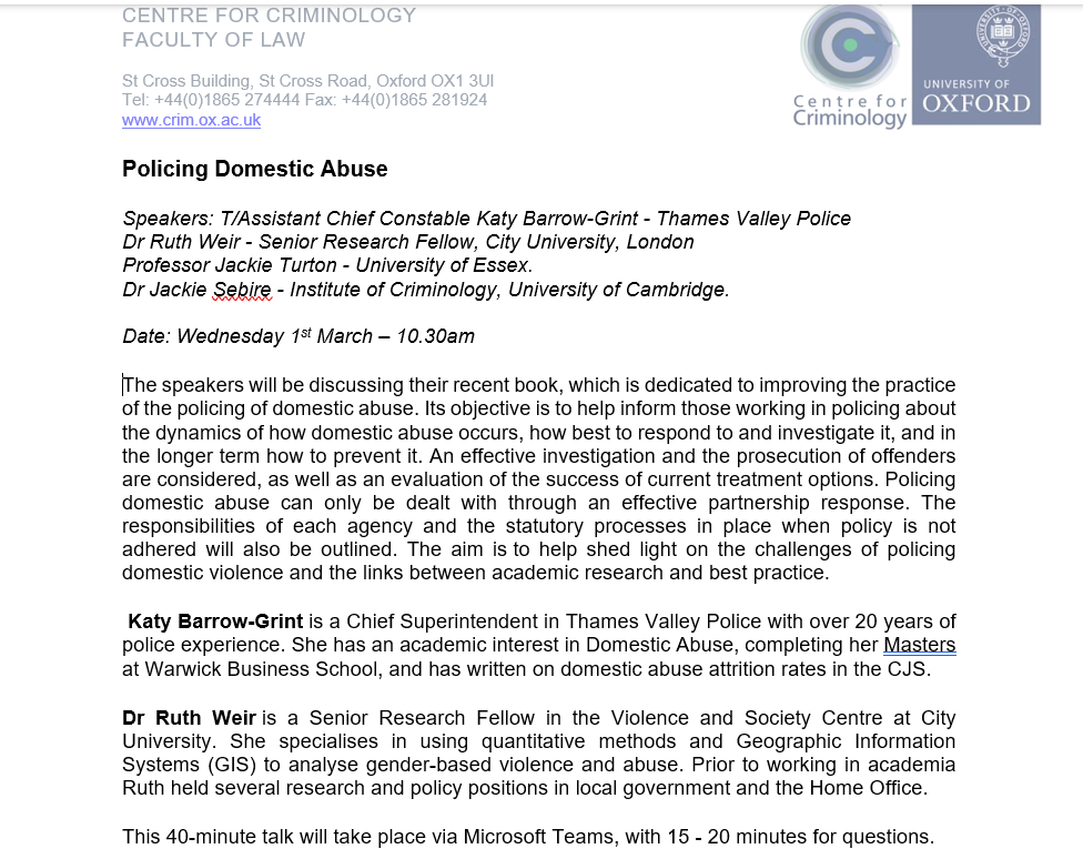 KathrynFarrow1's tweet image. The final talk of the term for @OxfordCrim's Policing &amp;amp; Policing Research Discussion Group takes place on Wednesday at 10.30am. Feel free to join, it would be good to see you: tinyurl.com/56vf5wnx