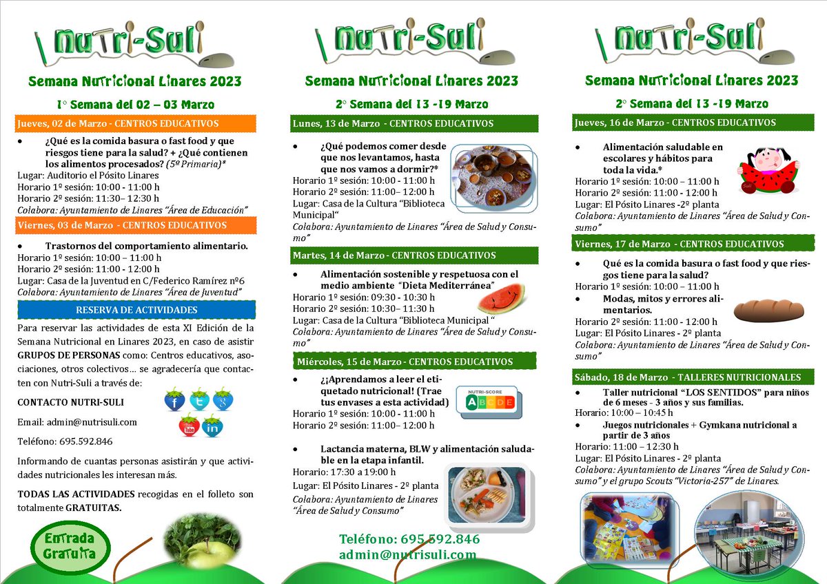 NutriSuli's tweet photo. 11º Edición de la Semana Nutricional en Linares, con la colaboración del Ayuntamiento de Linares. 
¡Os esperamos!
Comenzamos el día 2 de Marzo con una actividad para los centros educativos, en el auditorio del Pósito de Linares en horario de 10:00  a 12:00 h. https://t.co/heNnRv4J5K