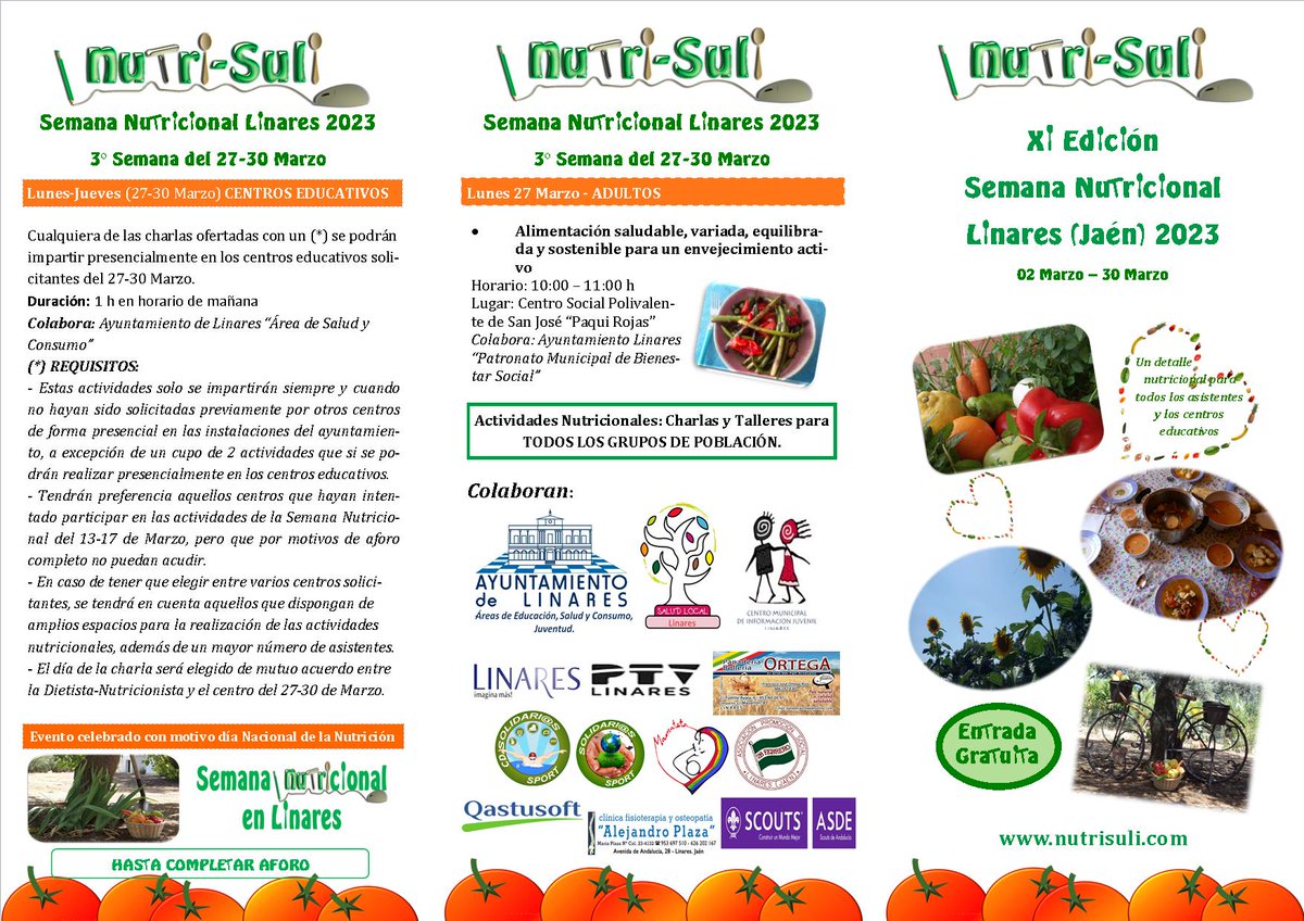 NutriSuli's tweet photo. 11º Edición de la Semana Nutricional en Linares, con la colaboración del Ayuntamiento de Linares. 
¡Os esperamos!
Comenzamos el día 2 de Marzo con una actividad para los centros educativos, en el auditorio del Pósito de Linares en horario de 10:00  a 12:00 h. https://t.co/heNnRv4J5K