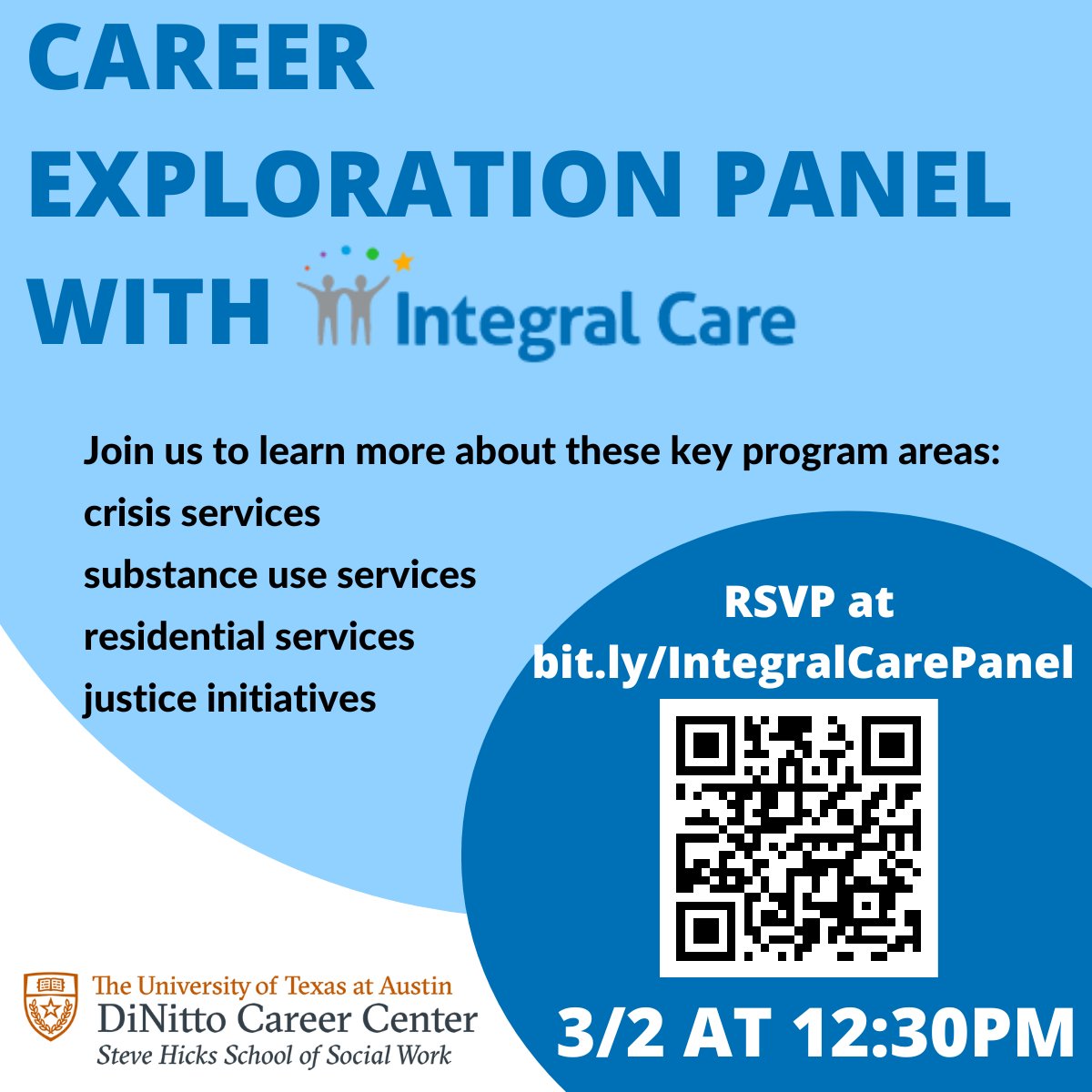DiNittoCenter's tweet photo. Join us this Thursday, 3/2, and hear from @IntegralCareATX  about their impact-driven programs and services (ranging from justice initiatives to substance use services) and exciting career opportunities! RSVP at https://t.co/qvubuPQG3V https://t.co/7OUbg6uxw9