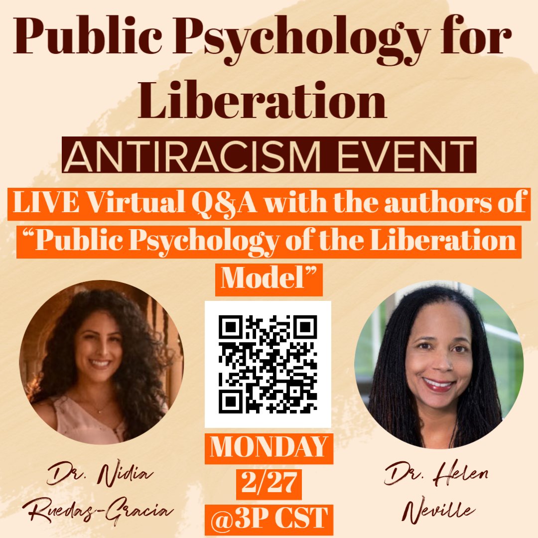 UIUC Psychology Department (@psychillinois) on Twitter photo TODAY is the day! Join us for this LIVE virtual Q&A at 3 pm with <a href="/HelenNeville12/">Helen Neville</a> & <a href="/nrgracia/">Dra. Nidia Ruedas-Gracia</a> !
Scan the QR Code for materials and details.
This event is hosted by The Psychology Department Diversity and Inclusion Committee. TODAY is the day! Join us for this LIVE virtual Q&A at 3 pm with <a href="/HelenNeville12/">Helen Neville</a> & <a href="/nrgracia/">Dra. Nidia Ruedas-Gracia</a> !
Scan the QR Code for materials and details.
This event is hosted by The Psychology Department Diversity and Inclusion Committee.