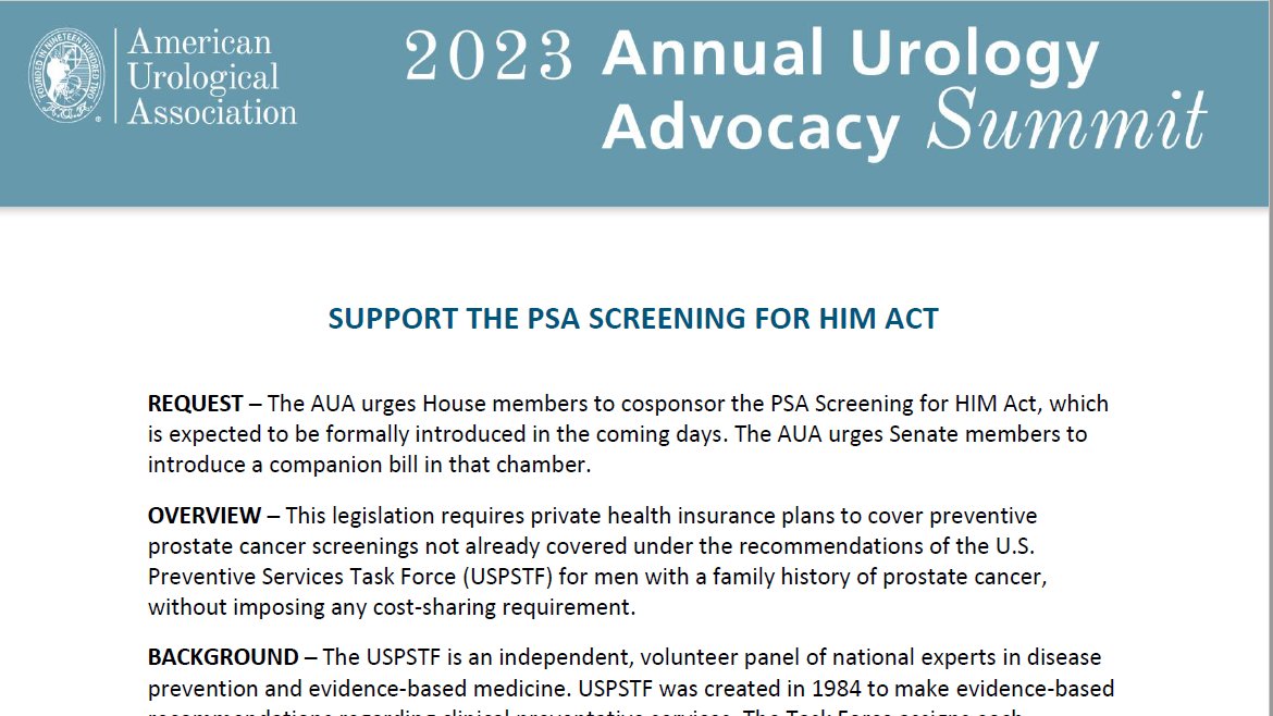 PSA screening is an important conversation and decision that patients should be able to make with their physicians. That's why we support the PSA Screening for HIM Act to ensure insurance plans cover #prostatecancer screening without imposing any cost-sharing reqts #AUASummit23