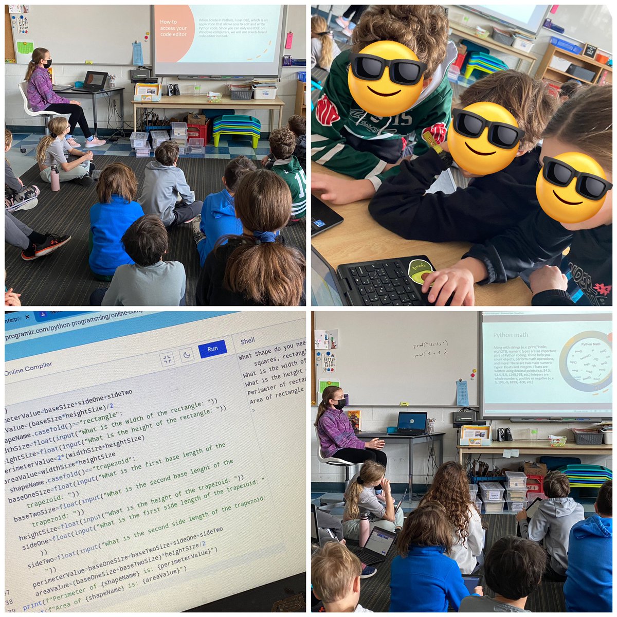 R gave a special presentation today on how to combine coding and measurement! We inputted formulas and wrote code to help us calculate area and perimeter of shapes. Thanks R for showing us your passion and teaching us something new! @TDSBmath @AllenbyPS_TDSB