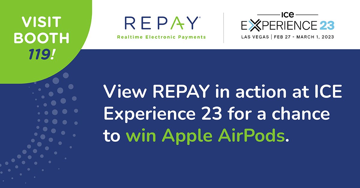 The REPAY team is headed to ICE Experience 2023 in Las Vegas, February 27 - March 1. Visit the REPAY booth #119 to learn how to get started with better interim payment servicing and a chance to win Apple AirPods! 
#payments #mortgageservicing