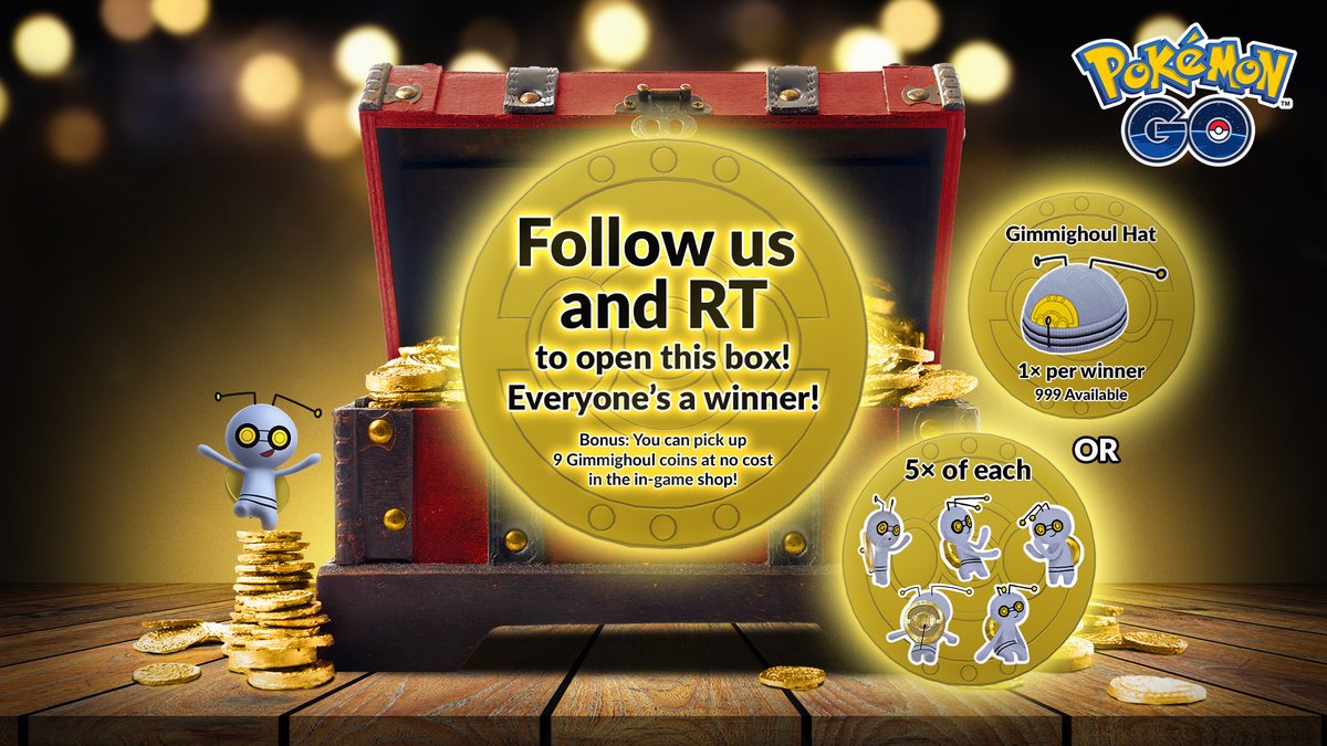 What’s in the box? 👀 You can RT and find out! Roaming Form Gimmighoul can now be caught in #PokemonGO! We’re celebrating by giving away Gimmighoul-themed prizes!🥳🎉 To claim: Follow us on Twitter RT this post with #GOGimmighoul You’ll get a code to redeem. Let’s GO!