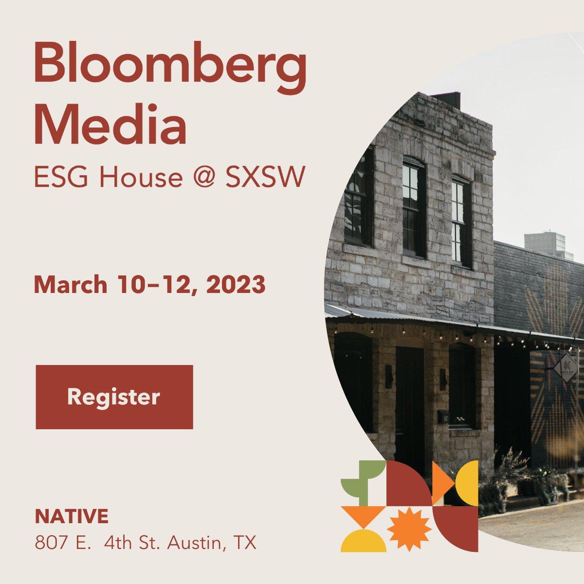 Join us for a weekend of thought-provoking panels with leaders of the world’s most innovative brands — Google, Salesforce, EBONY, Samsung, 23andMe and more at the Bloomberg Media ESG House @ SXSW. 

Sign up to request a seat at our event programming: bit.ly/3KCWycJ