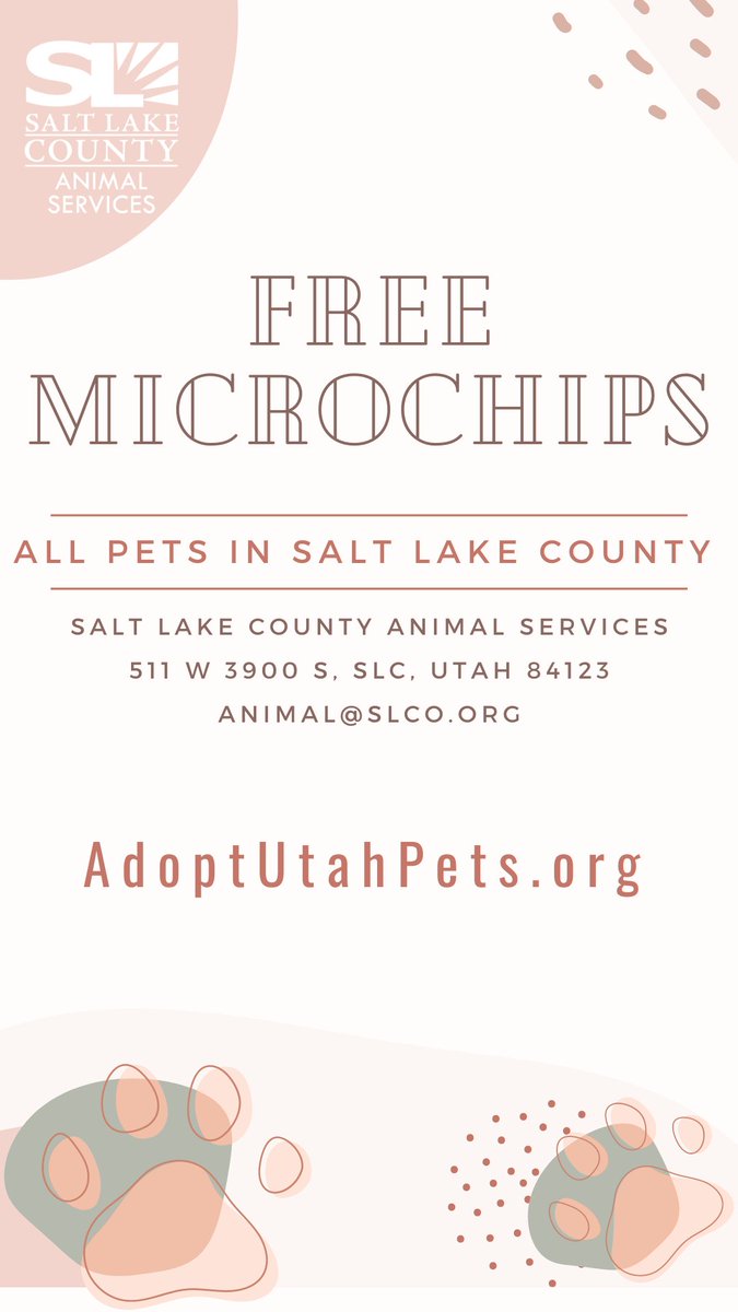 SLCoAnimals's tweet image. Use every tool to help get your pet home! Free #microchips for ALL pets in #slco! Visit @SLCoAnimals to get one. #adoptutahpets #mondaymorning #reunited