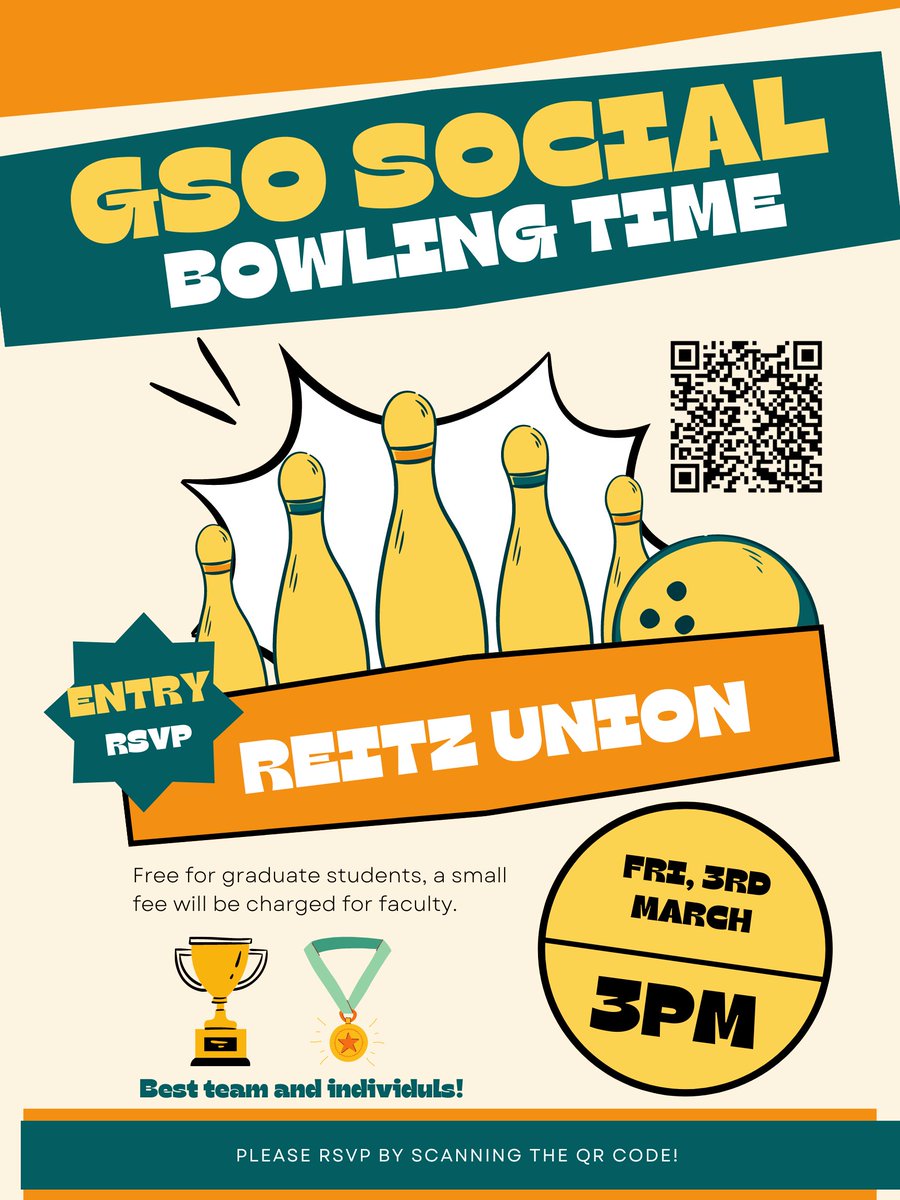 ae_gso's tweet photo. 🔥AE_GSO Social Hour is coming! Bowling event this Friday! 🎉March 3rd from 3-5pm. Join us at Reitz Union Game Room.🙌
GSO will be paying for FRE graduate student who wants to play!!!

RSVP👇👇👇
https://t.co/qzayQKqgtn https://t.co/6vjYExG0YE