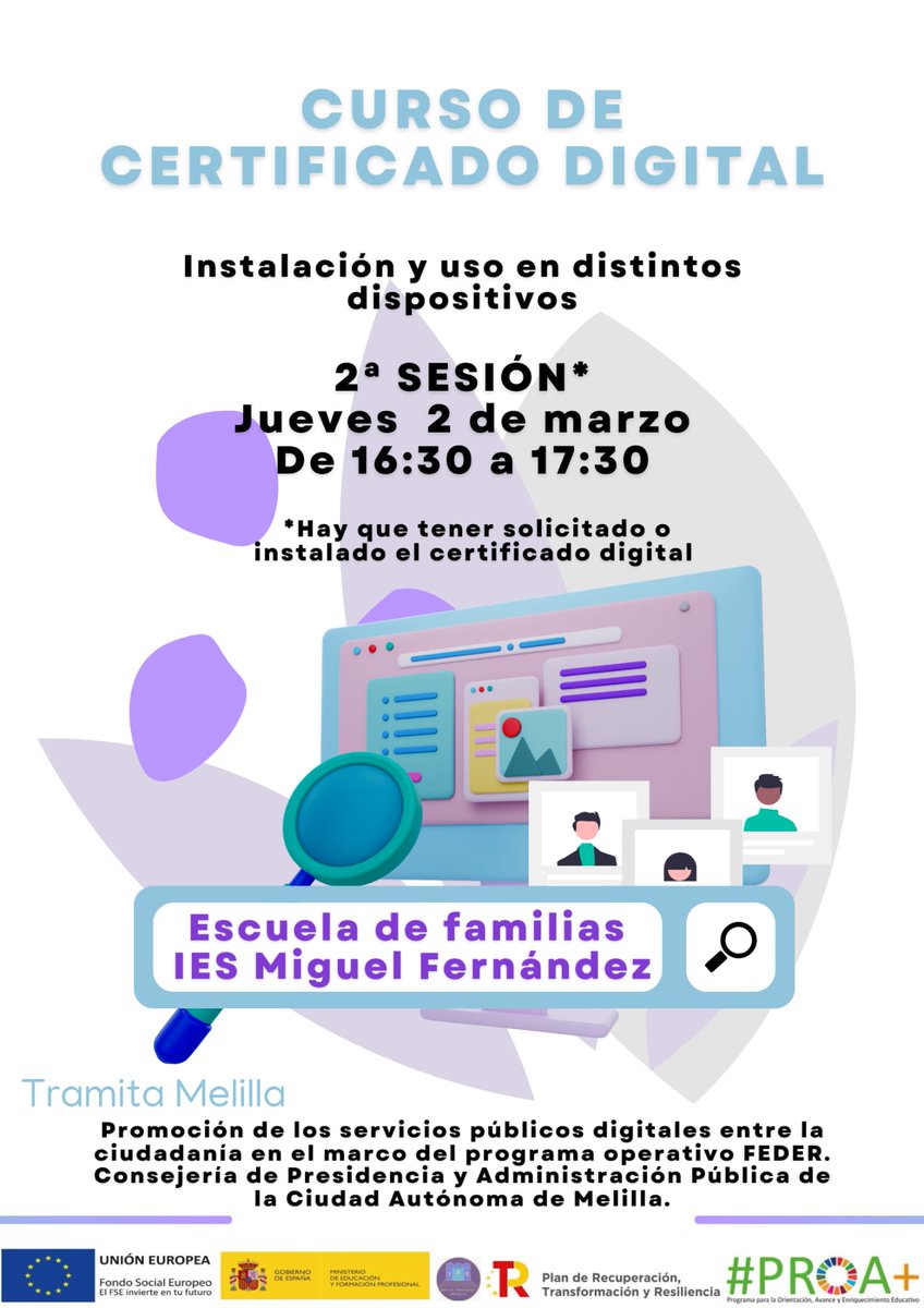Este jueves 2 de marzo a las 16:30 en la Escuela de familias del Miguel Fernández, aprenderemos a instalar el certificado digital en varios dispositivos, así como sus diversos usos. ¡Os esperamos! #iesmiguelfernandez